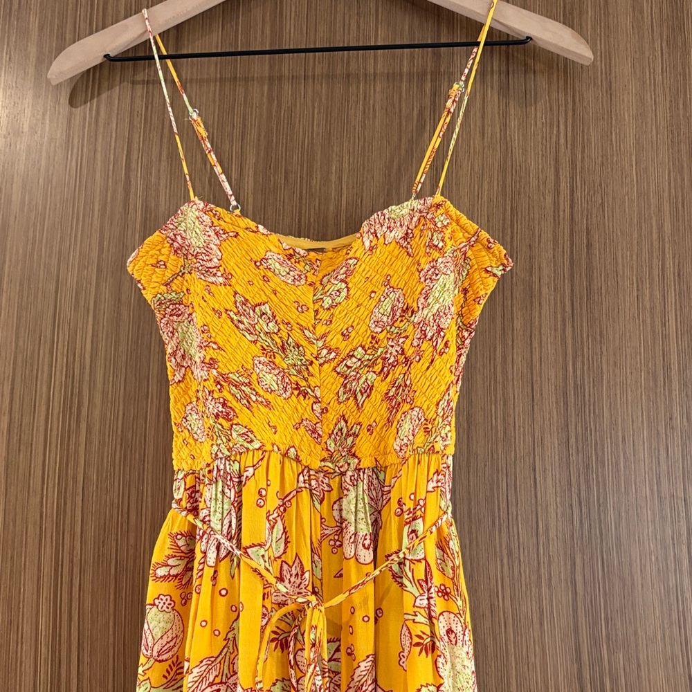Free People:  Flowy Floral Smocked Jumpsuit, Size XS, Golden Yellow - Picture 6 of 11